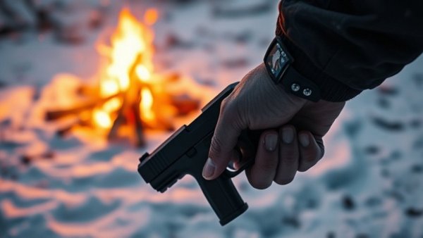 Person holding handgun near snowy campfire, discussing ammo shortage impact.