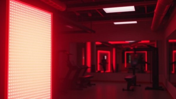 Brightly glowing red light therapy panel in dimly lit room.