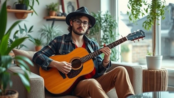 Stylish individual enjoying music while pet sitting, living rent-free indoors.