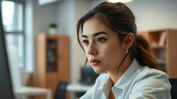 Hybrid leaders in AI, focused young woman in modern office environment.