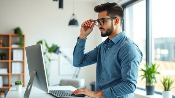 Man using standing desk near window, experiencing benefits.