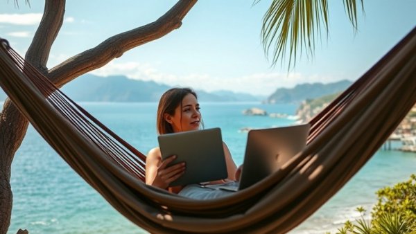 Digital nomad enjoying side hustles by the sea in a hammock