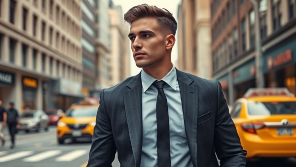 Athletic man in suit walking confidently on city street, how to get shredded