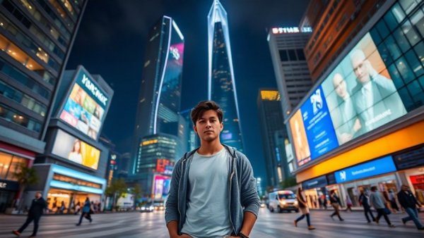 Cost of Living in Shenzhen urban night scene with skyscrapers.