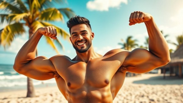Muscular man on beach demonstrating how to get jacked.