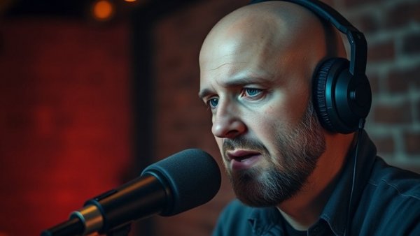 Man speaking into a microphone in a podcast studio with brick backdrop.