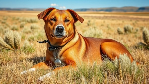 Protection dog resting in Montana prairie field.