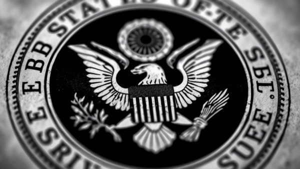 Great Seal of the United States close-up in gun control debate context.