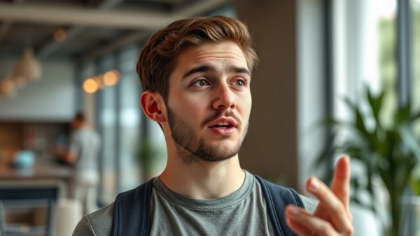 Casual young man with AI-themed graphics, talking indoors.