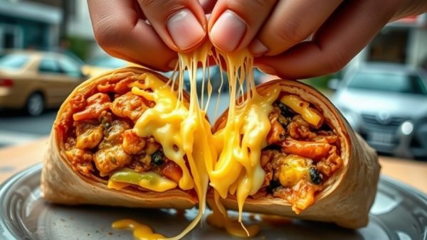 Cheesy breakfast burrito from burrito spot in a Home Depot parking lot.