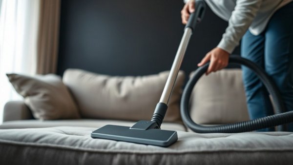 Person cleaning couch with vacuum, focused on couch flipping process.