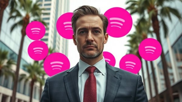 UMG Spotify Stake Sale concept with businessman and Spotify logos.