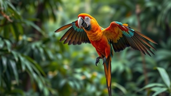 Colorful macaw promoting bird conservation efforts in lush rainforest.
