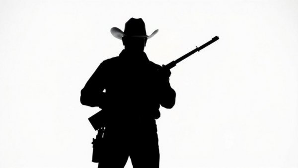 Silhouette of a man with a rifle in a cowboy hat.