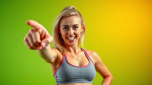 Blonde woman in workout attire pointing confidently against a gradient background, related to when to open a second fitness studio location.