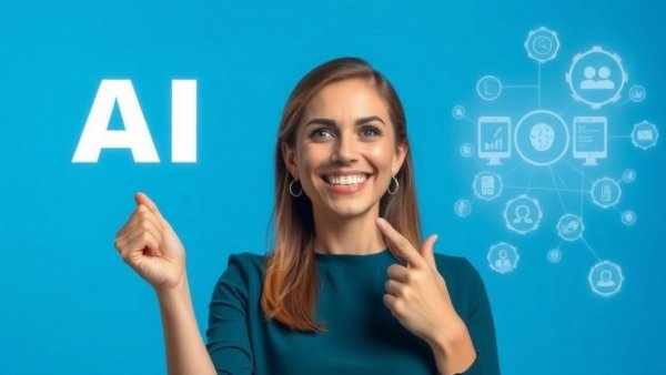 Excited woman points at text about starting a business with AI.