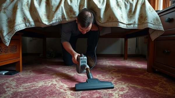 Man vacuuming forgotten bedroom cleaning spots under bed.
