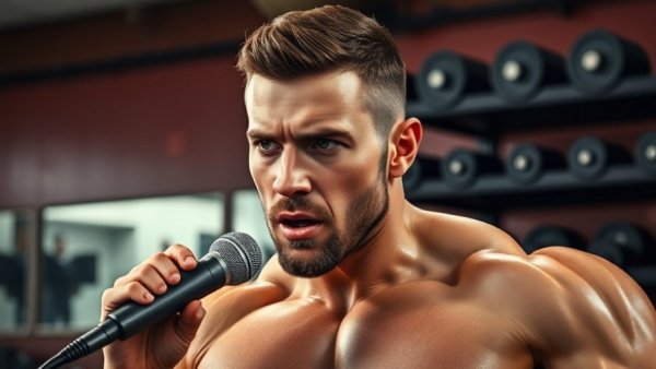 Muscular man discussing workout routines in a gym setting.