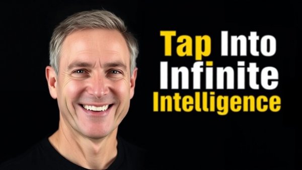 Man smiling with motivational text, artificial intuition in AI theme.