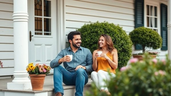Charming couple on a historic New Jersey home's porch, relaxed setting.