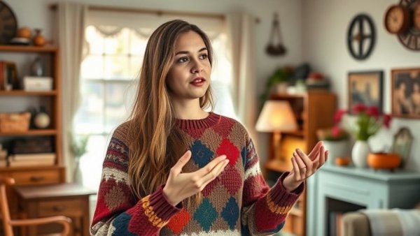 Young woman discussing upcycling in a cozy room with vintage decor.