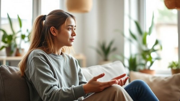 Young woman calmly discussing home buying at 27, cozy indoors.