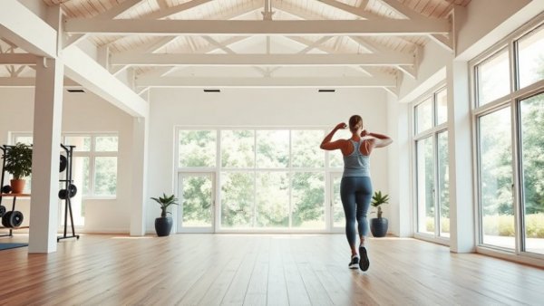 Bright gym with white beams and nature view for hotel wellness design.