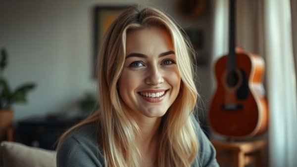 Woman smiling indoors with a guitar in the background.