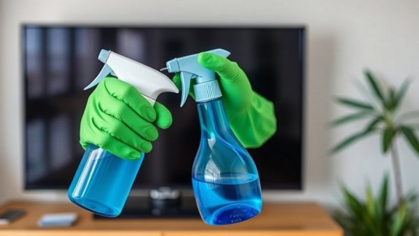 Enthusiastic person offering TV cleaning advice with spray bottle.