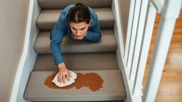 Coffee stain wicking on carpeted stairs being cleaned.