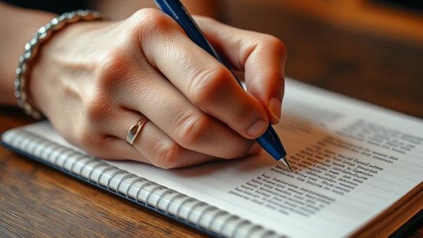 Close-up of hand writing in notebook with blue ink.
