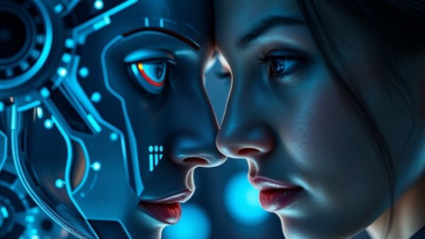 Emotional Branding and AI concept with human and AI face interaction.