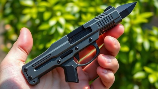 Close-up of knife gun hybrid weapon in hand, outdoors