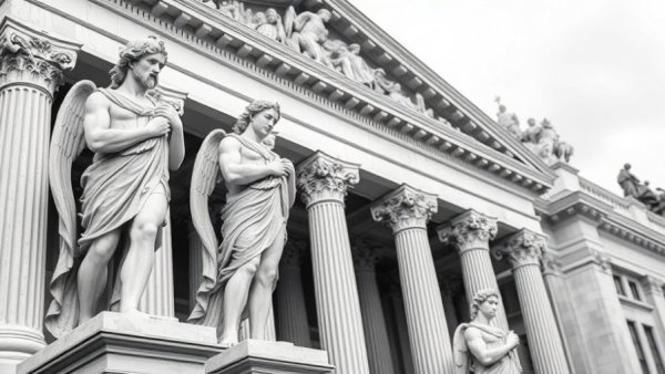 Grecian sculptures on a government building representing classic legal themes.