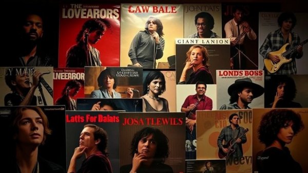 Emotional songs collage with late musicians' covers, nostalgia.