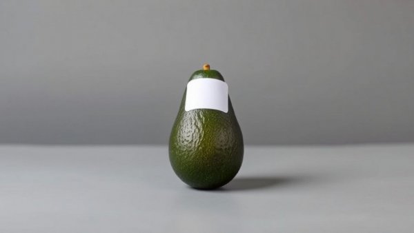 Minimalist avocado with label on gray background for Markup Marche.