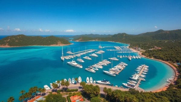 Aerial view of U.S. Virgin Islands marina with yachts, lush hills, and blue sky.