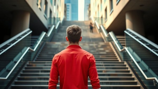 Disciplined man in red shirt facing staircase, determination theme.