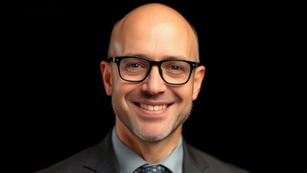 Storyteller Overland community: smiling bald man with glasses, professional setting.