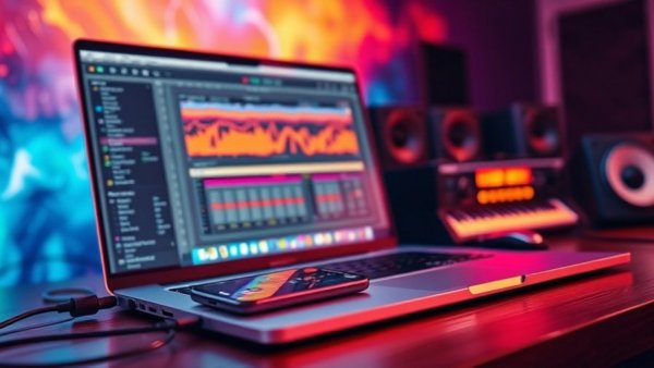 Vibrant music production setup showcasing AI in music industry