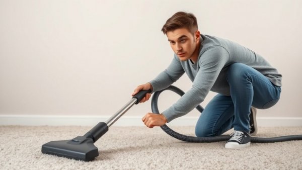Young man vacuuming a hallway carpet, focused indoors.