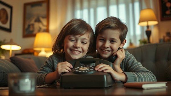 Siblings enjoying nostalgia with a vintage landline phone, success atmosphere.