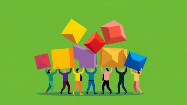 Abstract teamwork illustration of figures lifting shapes, HR leaders transforming remote work.
