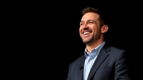 Engaging speaker smiling warmly, conveying effective storytelling with humor.