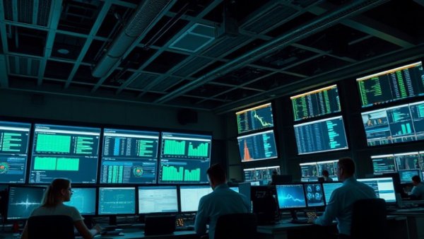 Office with data display screens illustrating complex technology operations.