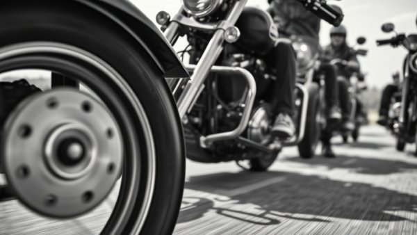 Group of motorcyclists on Harley-Davidson motorcycles riding on open road.