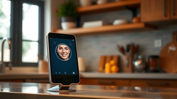 FacePay device showcasing facial recognition on kitchen counter.