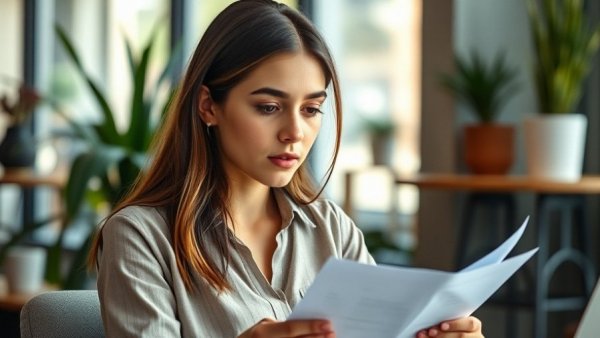 Woman reviewing documents indicating inconsistent marketing results, office.