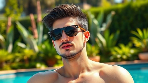 Young man relaxing by pool under sun, promoting 30% off Personal Plan.
