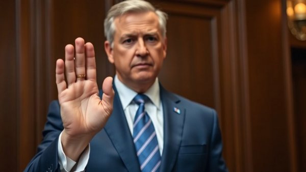 Confident man in a suit raising hand, formal setting, serious expression.